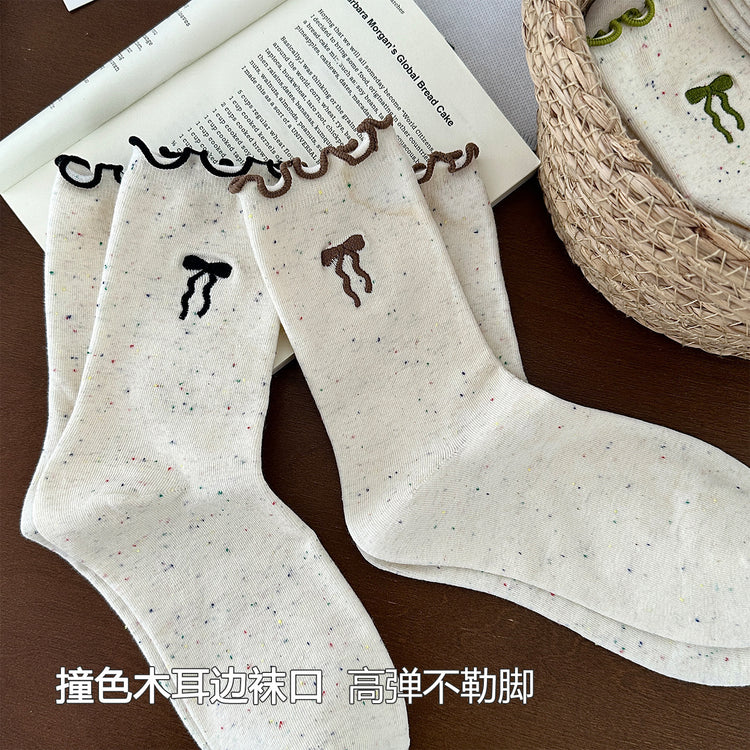 女襪|木耳花邊襪子女刺繡蝴蝶結點子紗中筒襪棉質吸汗透氣堆堆襪「HC5203」25.07-5