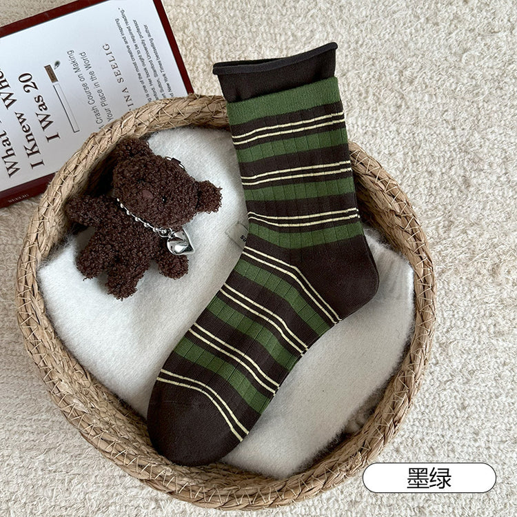 女襪|撞色雙羅口襪子女彈力無骨卷邊條紋堆堆襪棉質吸汗透氣防臭中筒襪「CX802」25.09-3