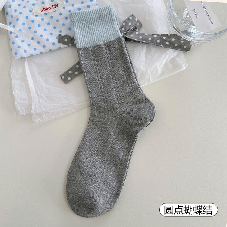 女襪|蝴蝶結襪子女韓系ins潮流吸汗透氣堆堆襪棉質親膚舒適襪子「AM2540」25.07-4