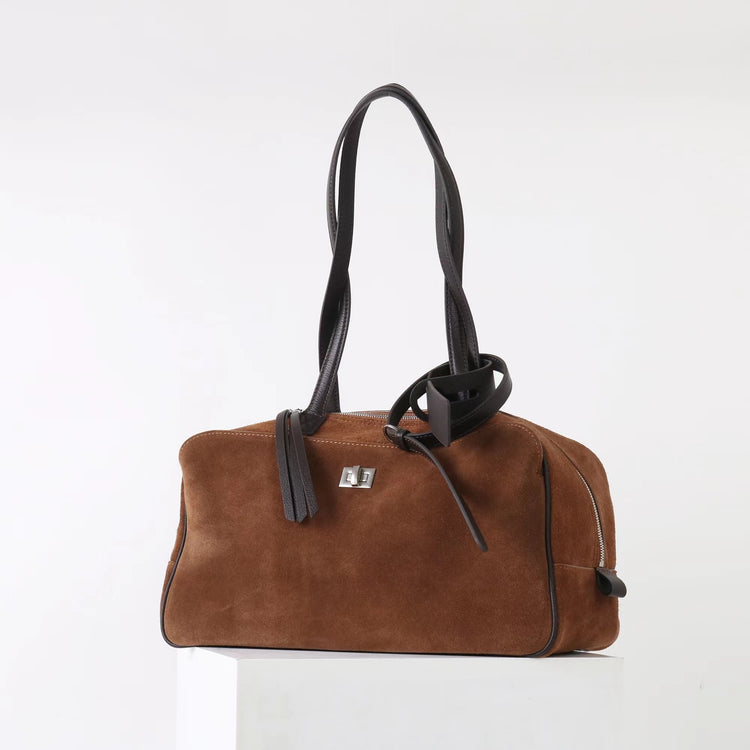 質感真皮|2025新款百搭輕奢磨砂牛皮波士頓大包單肩托特枕頭通勤保齡球包「X3989D3988」25.09-3