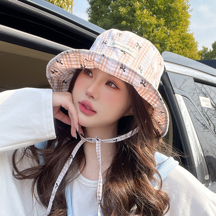 流行帽子|大檐蝴蝶結漁夫帽女夏季百搭系帶顯臉小遮陽帽韓系格子防曬太陽帽「C5055」25.03-1