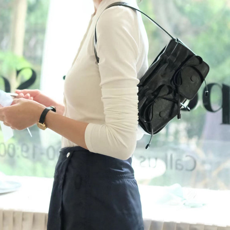 質感真皮|2024新款個性設計抽繩手提包單肩斜背包韓版辣妹廢土風多口袋包「7822」24.07-5