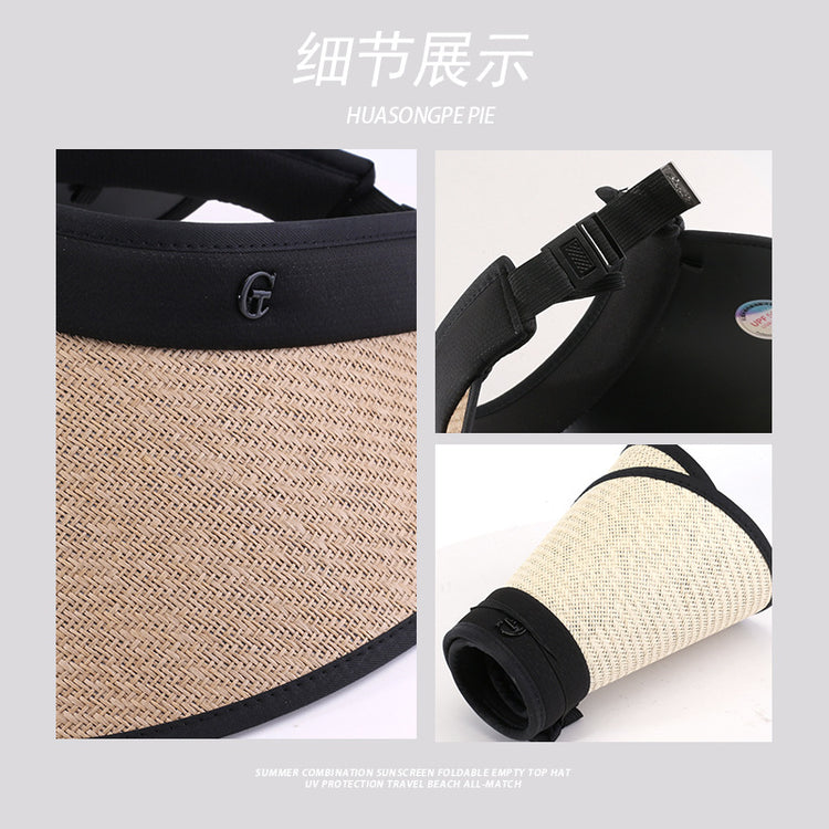 流行帽子|防曬帽子女夏季拉菲草空頂帽遮陽發箍大檐戶外沙灘太陽帽防紫外線「C2307」24.03-3