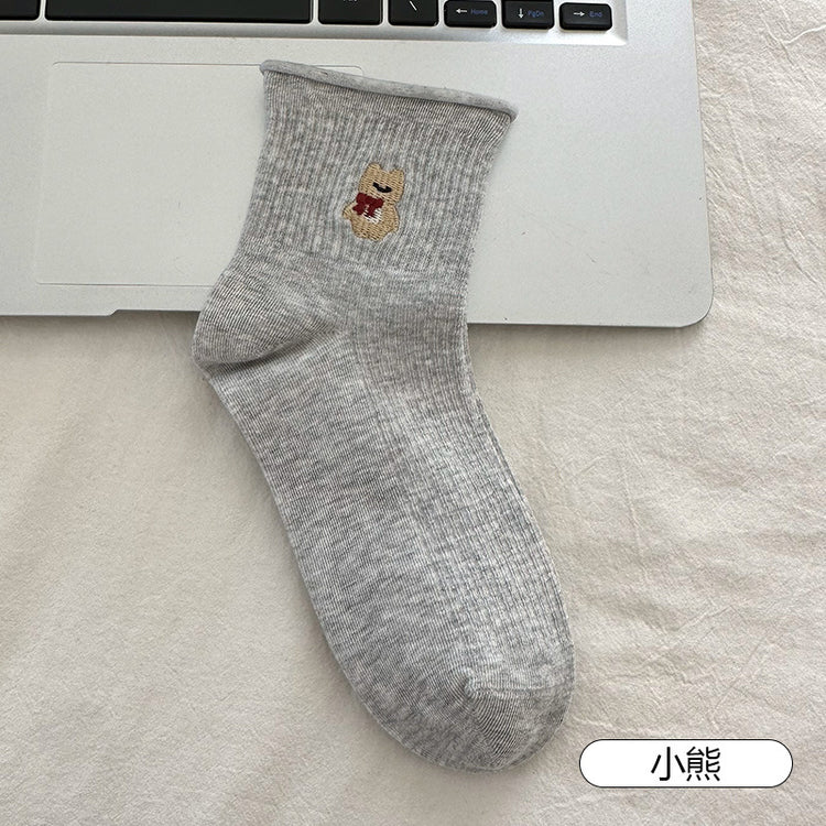 女襪|夏季薄款襪子女棉質吸汗透氣彈力短筒襪卡通刺繡配德訓鞋休閒襪「AL25007」25.04-3