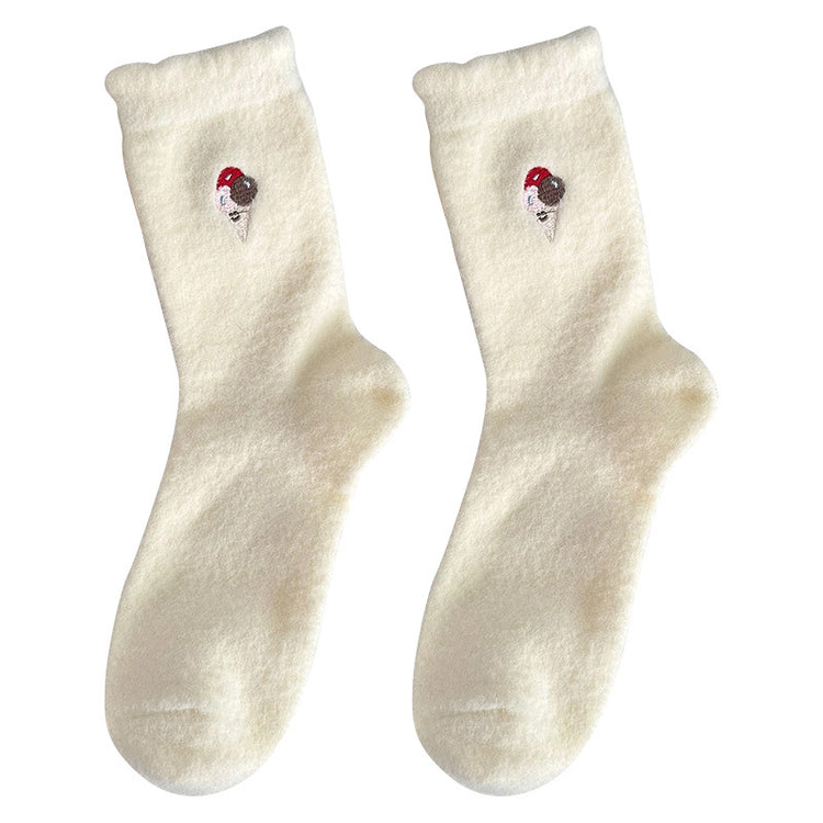 女襪|白色澳絨襪子女秋冬季加絨加厚保暖中筒襪可愛卡通刺繡諸暨襪子「H5785」25.11-3
