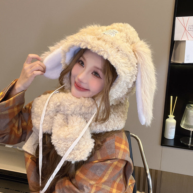 流行帽子|可愛兔耳朵帽子圍巾一體女冬季韓版顯臉小加絨加厚毛絨護耳「C4526」24.12-4