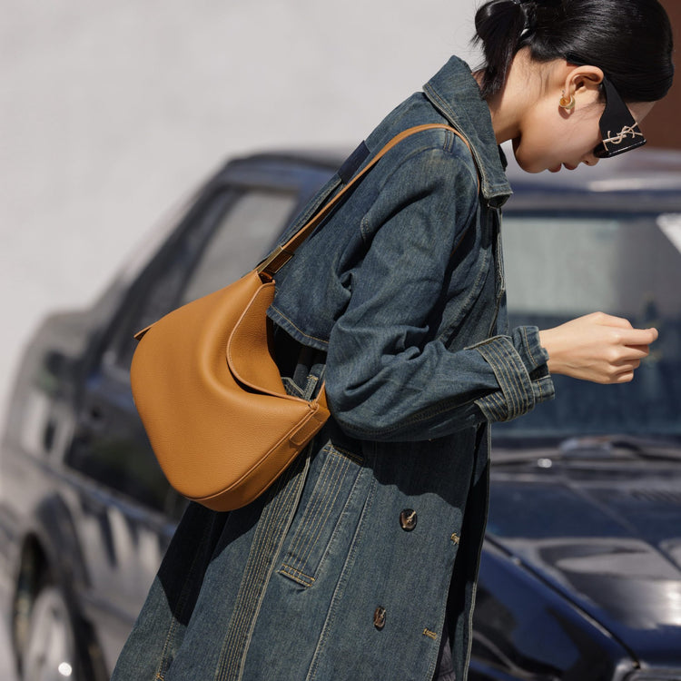 質感真皮|牛皮包2024春季新款簡約時尚半月包復古純色百搭單肩腋下包女「6897」24.02-2