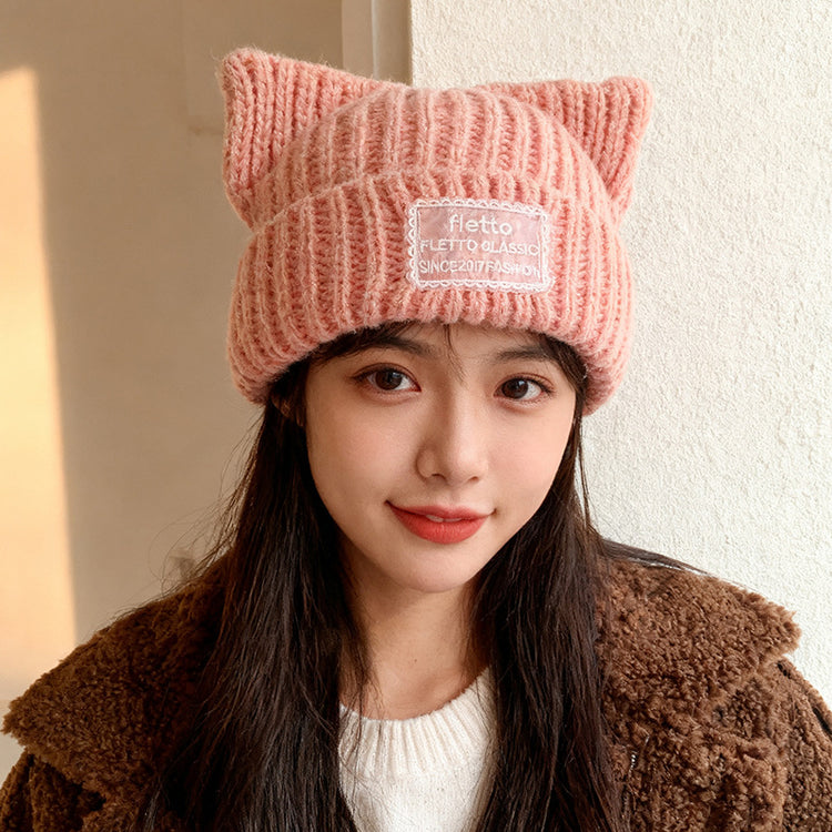 流行帽子|新款蕾絲貼布貓耳針織帽子女秋冬保暖毛線帽時尚百搭顯臉小包頭帽「C5801」25.11-2