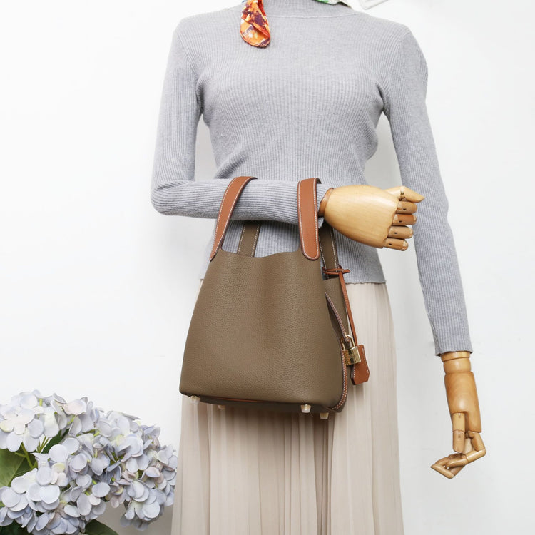 質感真皮|togo頭層牛皮拼接菜籃2024年新款時尚軟牛皮水桶包手提手拎包「226#」24.10-3