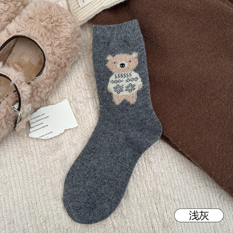 女襪|襪子女士可愛卡通立體植絨小熊中筒襪秋冬季加厚保暖羊毛襪「GO2590」25.11-3