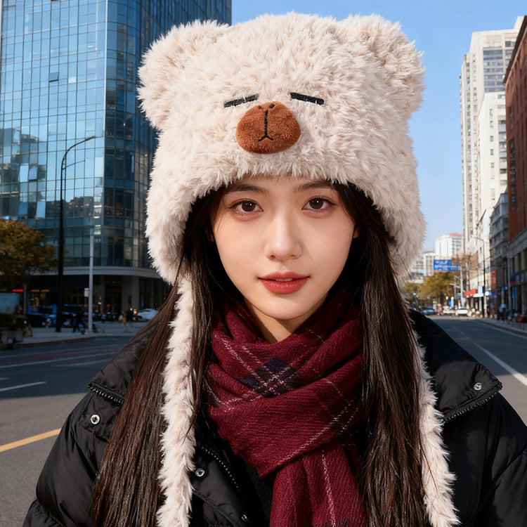 流行帽子|韓系可愛卡皮巴拉毛絨帽子女加厚保暖針織帽秋冬百搭防寒護耳帽男「C5722」25.10-3