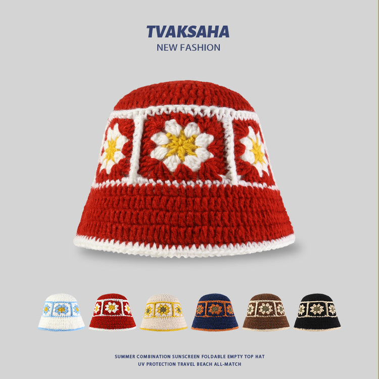 流行帽子|手工針織漁夫帽女顯臉小撞色條紋毛線帽秋冬季顯臉小國風針織帽潮「C4008」24.07-4