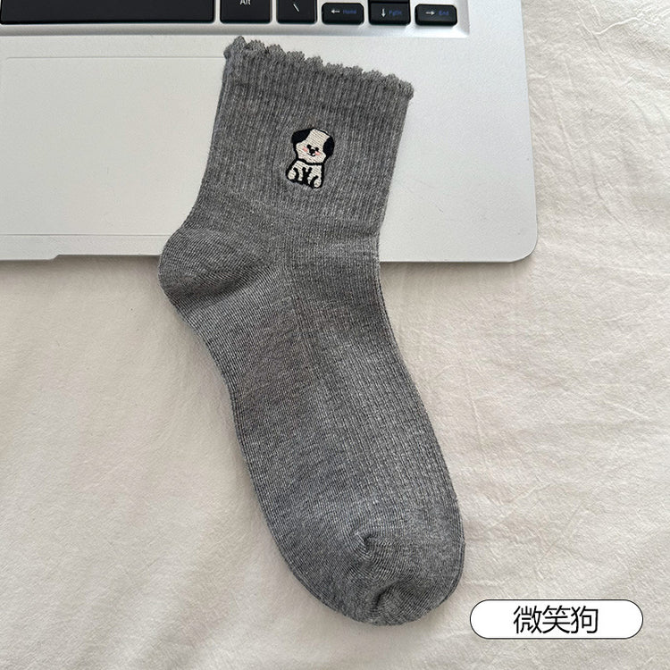 女襪|夏季薄款襪子女棉質吸汗透氣彈力短筒襪卡通刺繡配德訓鞋休閒襪「AL25007」25.04-3