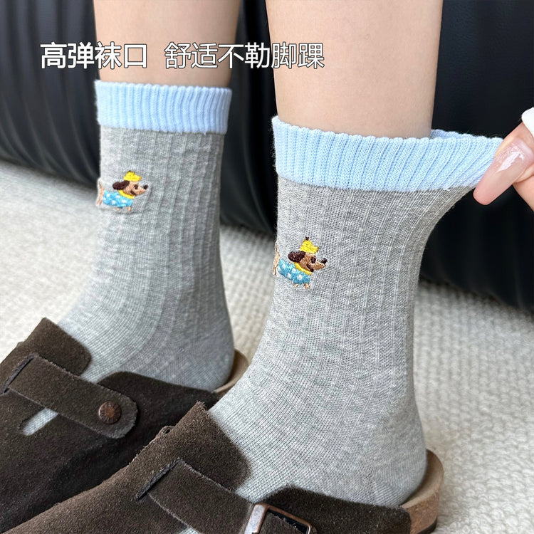 女襪|襪子女士卡通刺繡ins潮流中筒襪吸汗透氣彈力無骨棉質堆堆襪「ZX25506」25.09-5