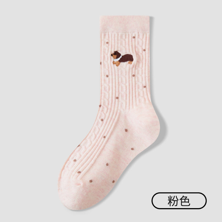 女襪|襪子女士秋冬棉質刺繡可愛小熊堆堆襪彈力無骨吸汗透氣中筒襪「ZX25517」25.10-4