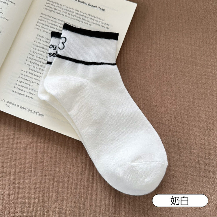 女襪|刺繡襪子女棉質吸汗透氣抗起球短襪彈力無骨ins潮學院風運動襪「20213」25.06-3