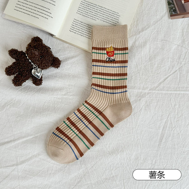 女襪|趣味刺繡襪子女秋冬拼色條紋潮流彈力中筒襪棉質吸汗透氣堆堆襪「MK5172」25.09-4