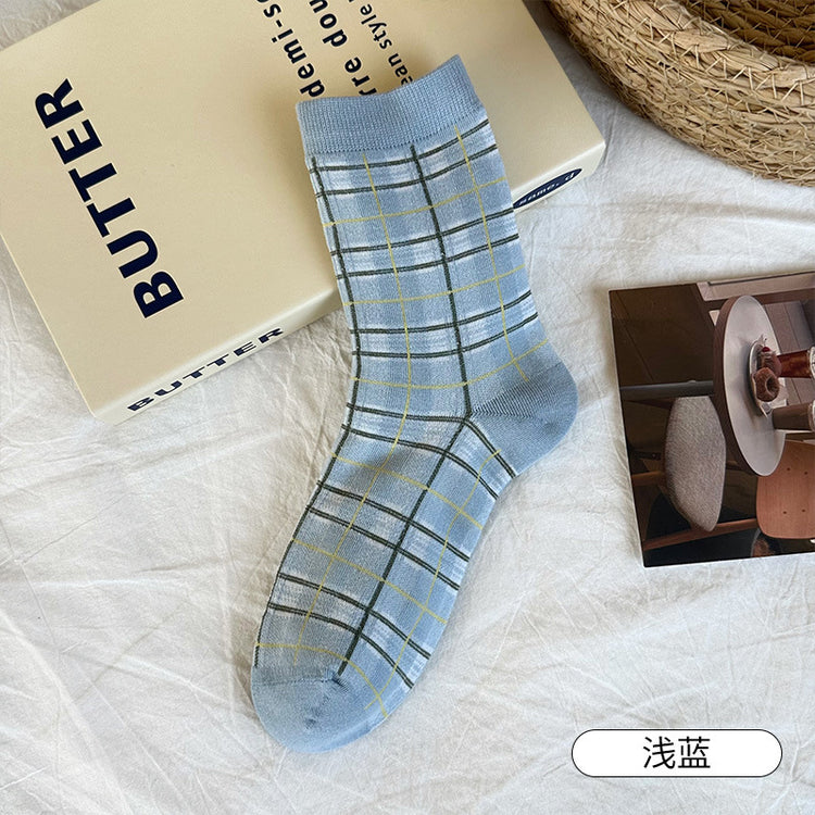 女襪|復古格子襪子女ins潮學院風甜美百搭中筒襪棉質吸汗透氣堆堆襪「CX805」25.10-1
