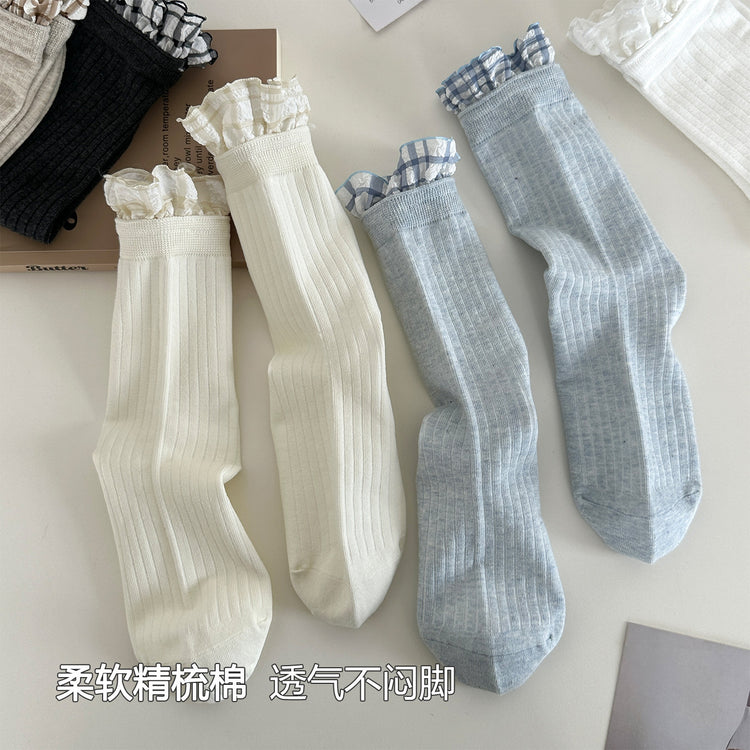 女襪|白色襪子女棉質吸汗透氣miu系花邊堆堆襪親膚舒適彈力襪子「MK5090」25.05-3