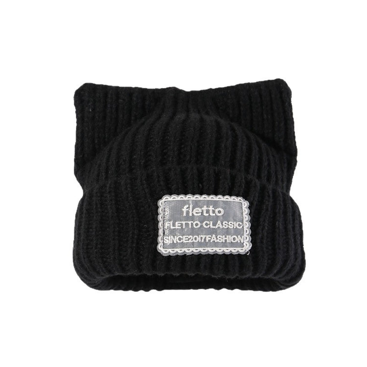 流行帽子|新款蕾絲貼布貓耳針織帽子女秋冬保暖毛線帽時尚百搭顯臉小包頭帽「C5801」25.11-2