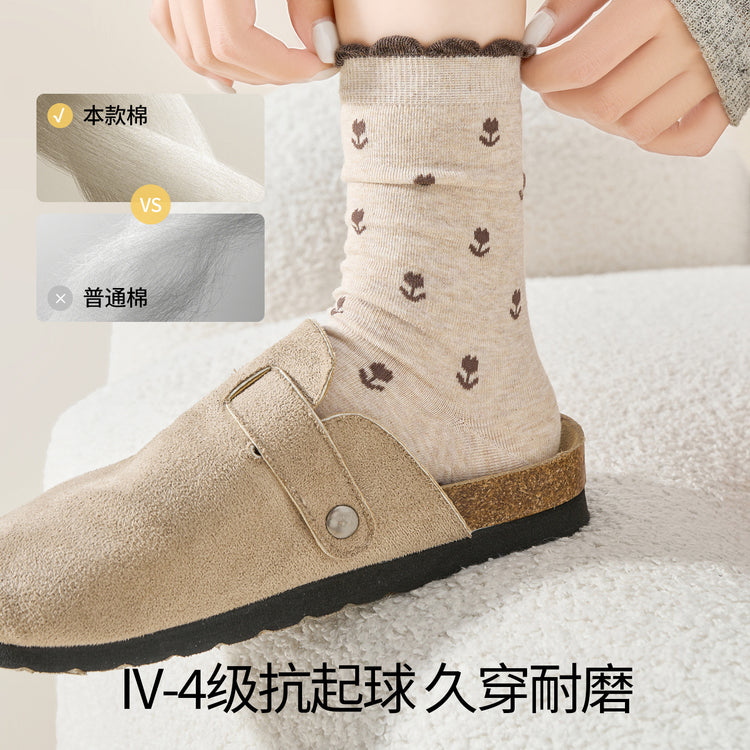 女襪|泡泡花邊襪子女復古滿身鬱金香堆堆襪棉質吸汗透氣彈力無骨中筒襪「MK4221」25.07-2
