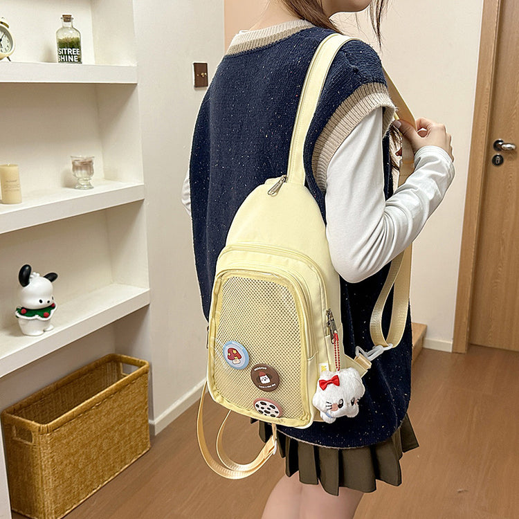 致青春|可愛少女休閒胸章斜背包日系ins透明網袋大容量簡約百搭單肩包批發「2739-120」25.04-3