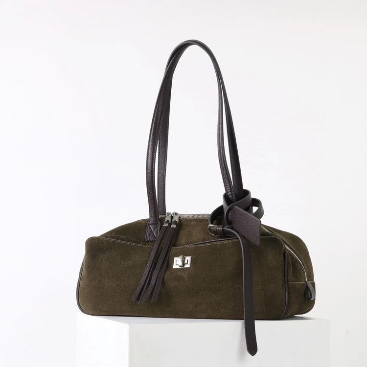 質感真皮|2025新款百搭輕奢磨砂牛皮波士頓大包單肩托特枕頭通勤保齡球包「X3989D3988」25.09-3