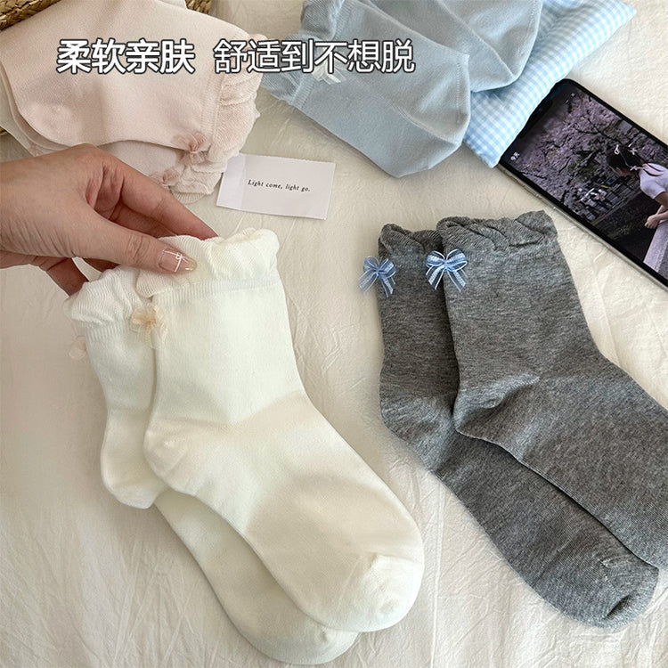 女襪|後跟蝴蝶結襪子女春夏季ins潮花邊襪口中筒襪棉質吸汗透氣堆堆襪「SM2501」25.04-1
