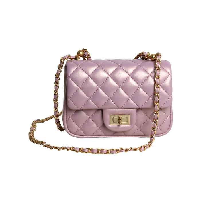 質感真皮|羊皮小方包2024年春夏新款菱格珍珠鏈條百搭高級質感單肩斜挎手機「D8062 X8061」24.04-1