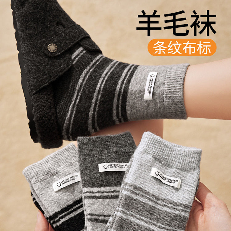 女襪|布標條紋襪子女冬季加絨加厚保暖美利奴羊毛襪親膚舒適彈力中筒襪「GO25106」25.12-1