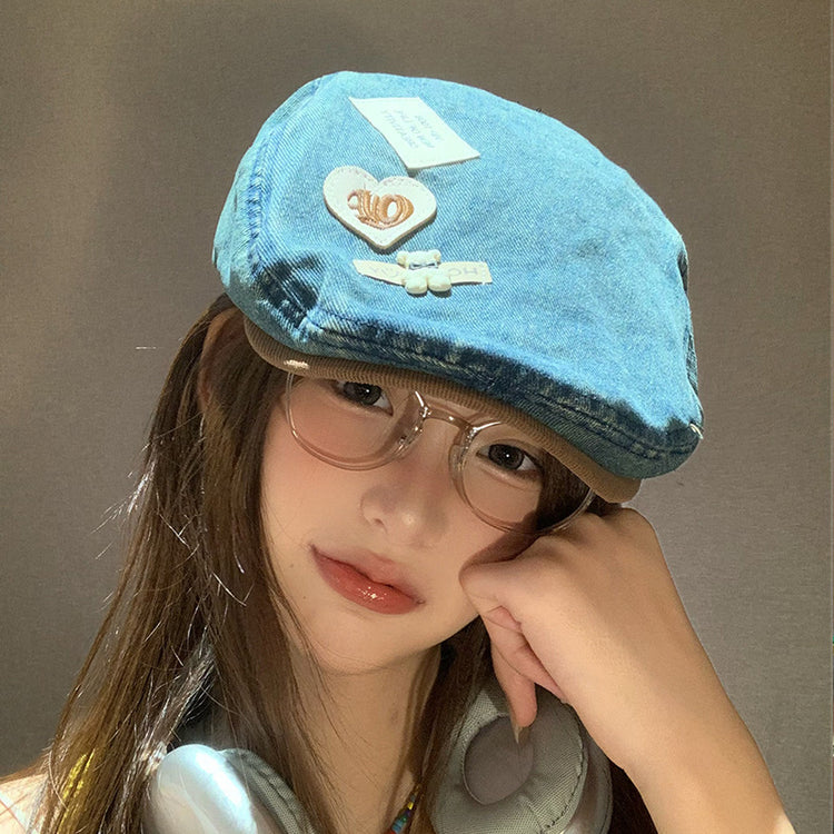 流行帽子|日系復古愛心小熊牛仔拼色檐帽子ins秋季新品可百搭愛甜美前進帽「C4457」24.09-3