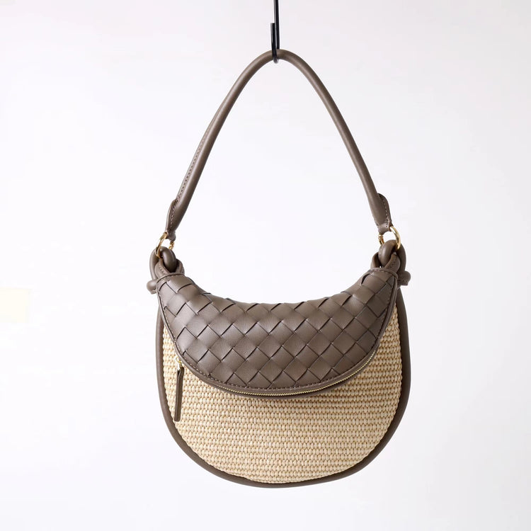 質感真皮|2025新款拉菲草編拼牛皮雙子包拼色月亮包度假單肩腋下包時尚編織包「9781-1」25.07-1