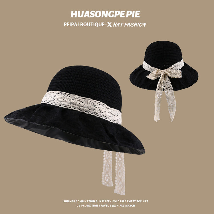 流行帽子|蕾絲系帶草帽夏季女帽子防曬學生戶外遮陽帽綁帶沙灘彩虹太陽帽子「C3929」24.05-2
