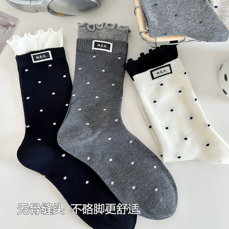 女襪|撞色雙羅口襪子女棉質吸汗透氣彈力無骨中筒襪復古波點襪身堆堆襪「MK5101」25.08-3