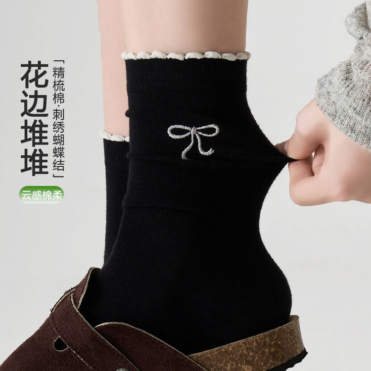 女襪|黑色堆堆襪子女彈性花邊襪口刺繡蝴蝶結中筒襪棉質親膚舒適休閒襪「TM3623」25.01-2