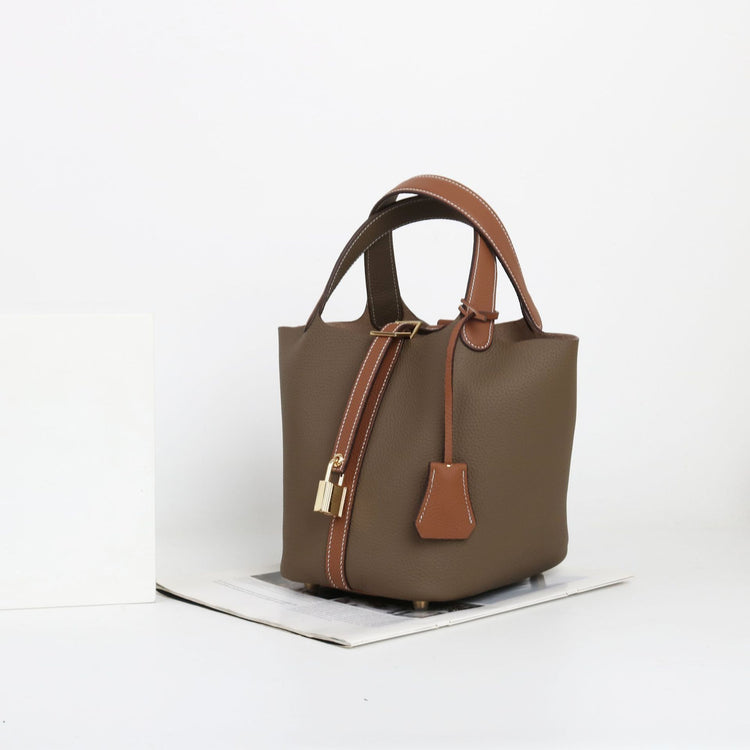 質感真皮|togo頭層牛皮拼接菜籃2024年新款時尚軟牛皮水桶包手提手拎包「226#」24.10-3