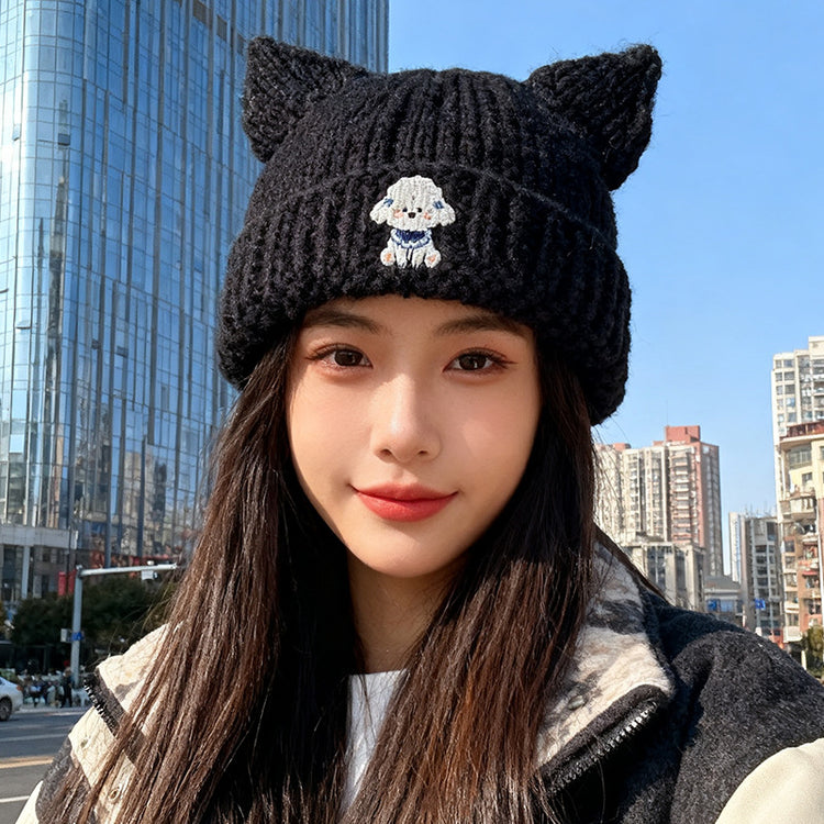 流行帽子|可愛貓耳朵毛線帽子女秋冬護耳保暖針織帽百搭小狗刺繡套頭冷帽潮「C5703」25.10-2