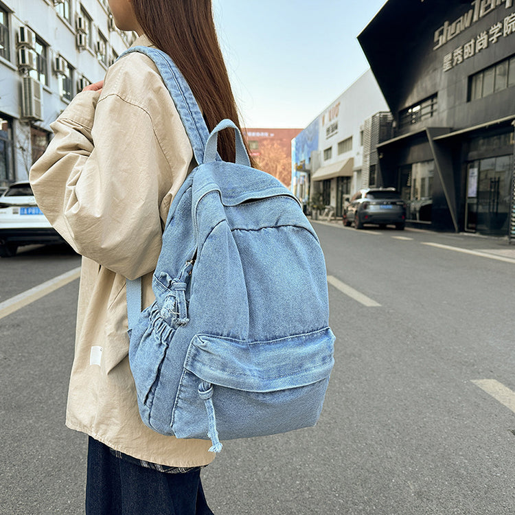 致青春|復古純色牛仔布雙肩包簡約大容量休閒旅行背包百搭國高中學生書包「1869-132」25.02-2