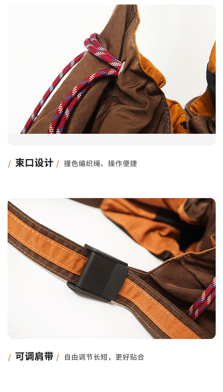 致青春|防潑水撞色休閒拼接慵懶風布包包簡約抽繩刺繡字母單肩斜挎包「9025-131」25.09-3