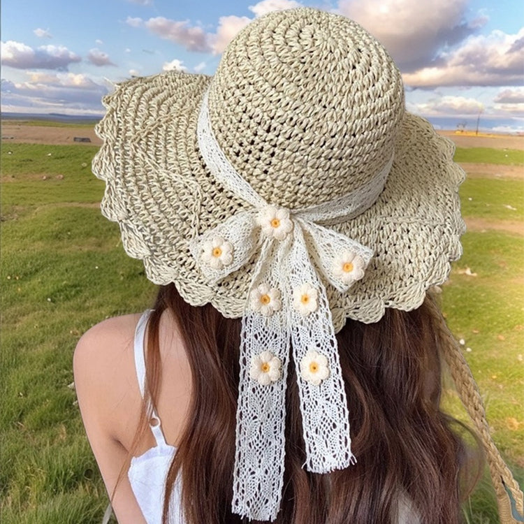 流行帽子|日系小清新帽子女花朵蕾絲蝴蝶結大檐草帽海邊度假新款遮陽防曬帽「C5325」25.06-3