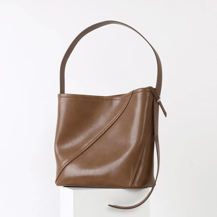 質感真皮|2025新款大容量牛皮拼接質感通勤子母包時尚百搭單肩腋下水桶包女「7056」25.09-3