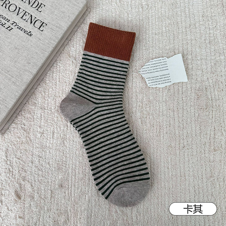 女襪|撞色復古條紋襪子女棉質吸汗透氣彈力中筒襪親膚舒適好搭堆堆襪「B24107」25.10-3