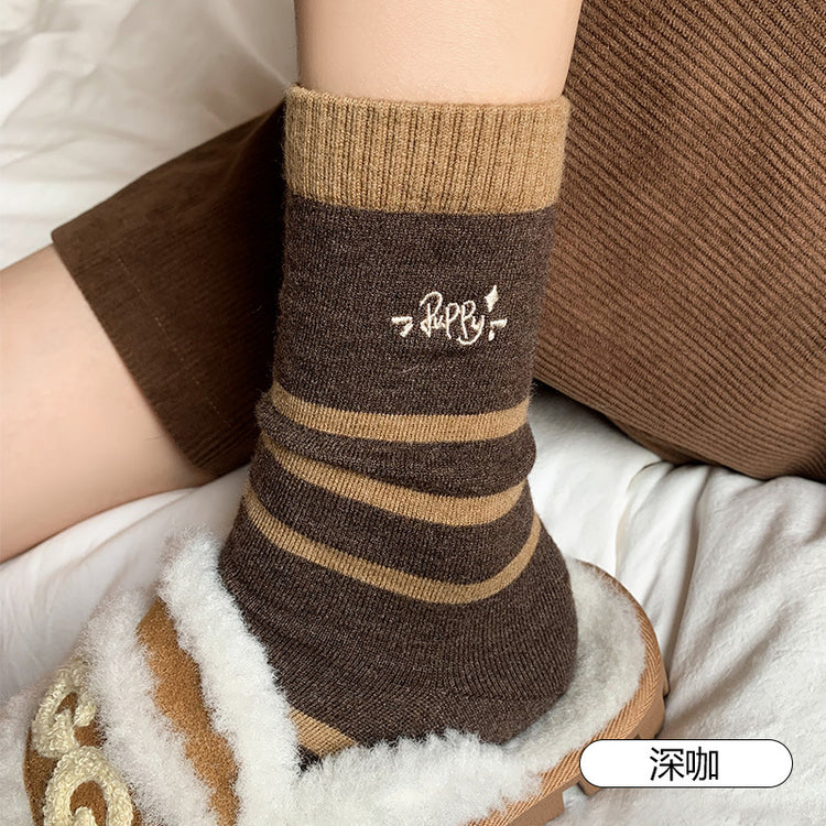 女襪|美拉德復古條紋襪子女秋冬加厚保暖羊毛襪卡通動物刺繡親膚中筒襪「MK4245」24.11-1