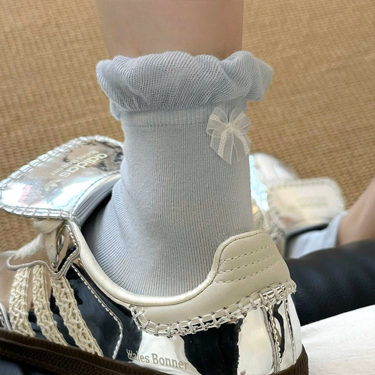 女襪|後跟蝴蝶結襪子女春夏季ins潮花邊襪口中筒襪棉質吸汗透氣堆堆襪「SM2501」25.04-1
