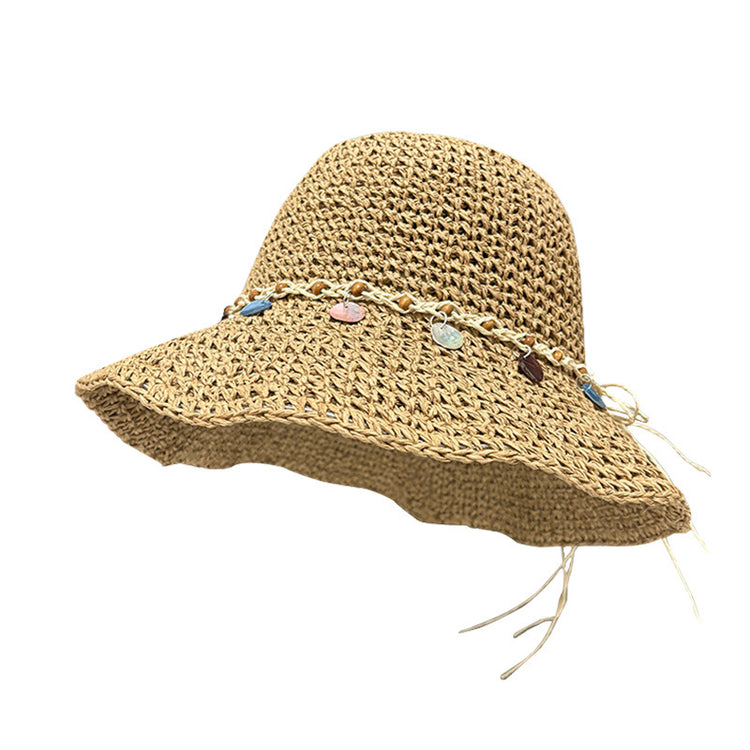 流行帽子|民族風貝殼裝飾鏤空草帽子女夏防曬透氣遮陽帽戶外出遊沙灘太陽帽「C5179」25.04-3