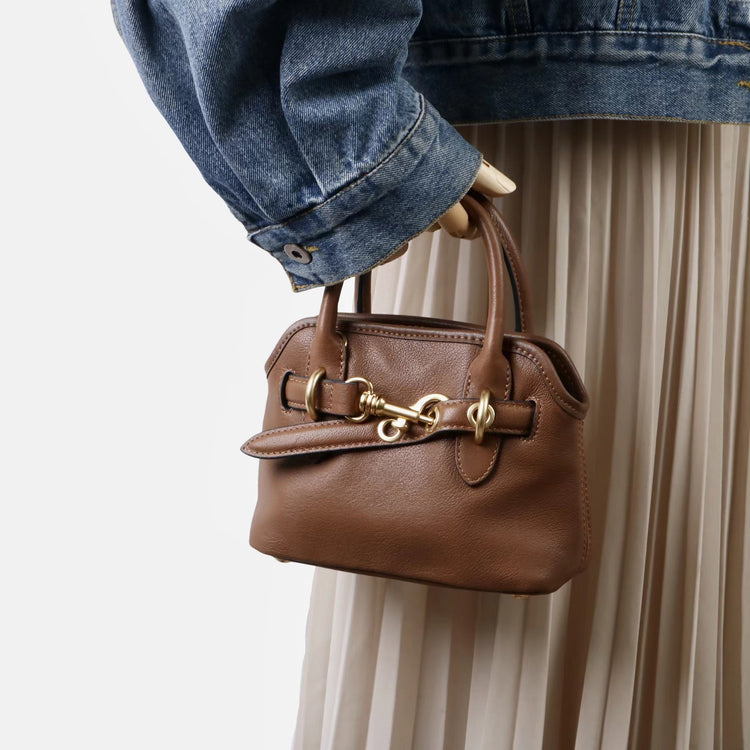 質感真皮|新款精緻迷你手拎中古保齡球斜背包通勤小眾復古百搭高級感包「8205」25.03-1