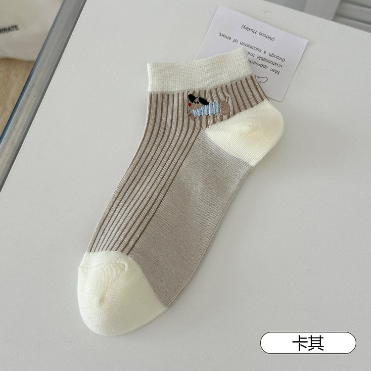 女襪|卡通臘腸狗襪子女棉質吸汗透氣親膚舒適中筒襪竪條顯瘦彈力休閒襪「XHS5020」25.05-1