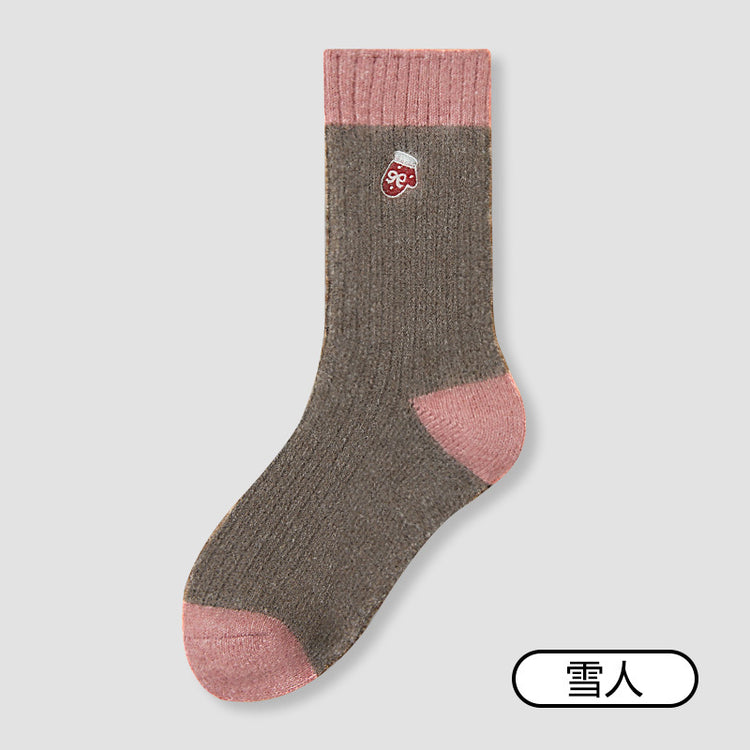 女襪|撞色美利奴羊毛襪子女冬季加厚保暖聖誕襪可愛復古刺繡彈力中筒襪「AM25108」25.12-2