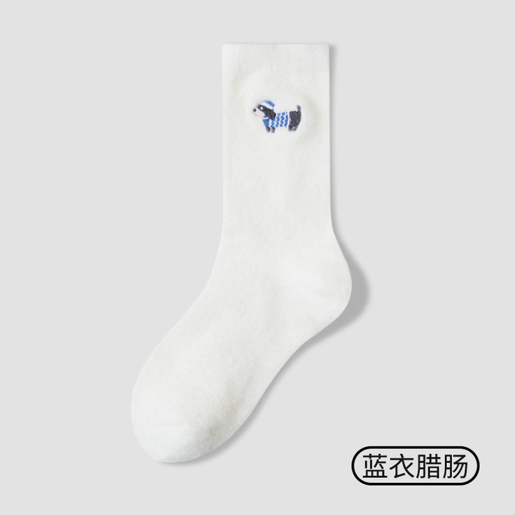 女襪|臘腸狗刺繡襪子女秋冬加厚保暖澳絨中筒襪彈力花邊親膚舒適堆堆襪「H5271」25.12-1
