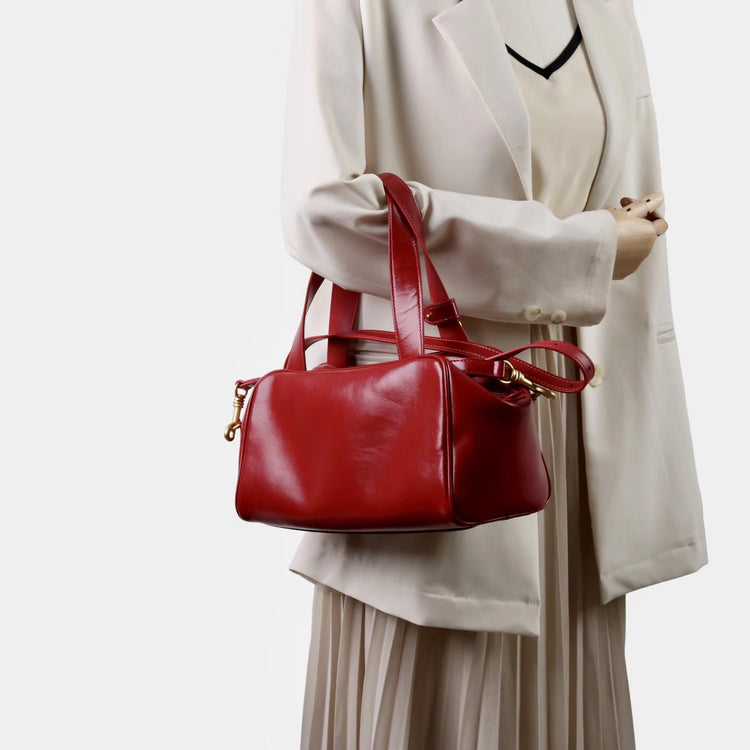 質感真皮|2025新款時尚牛皮手柄保齡球波士頓手提包小眾設計休閒百搭斜背包「8566」25.09-2